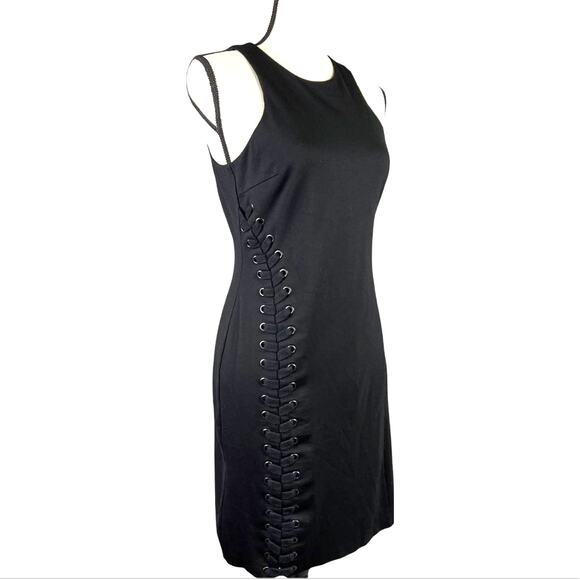 Cremieux Black Sleeveless Sheath Dress Stretch Ponte Knit Side Lacing Career 4 - Picture 1 of 9